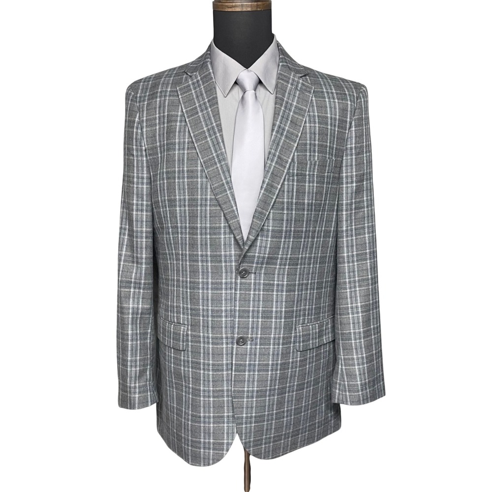 Alan Flusser Sport Coat Mens 42L Gray Blue Plaid Blazer 2 Button Jacket Preppy